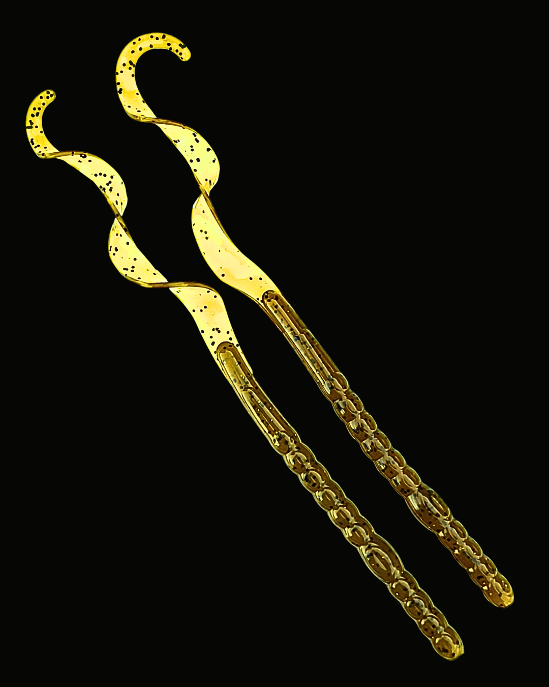 Okie Angler Co 10" Green Pumpkin Curl Tail Worms for bass fishing on a black background.