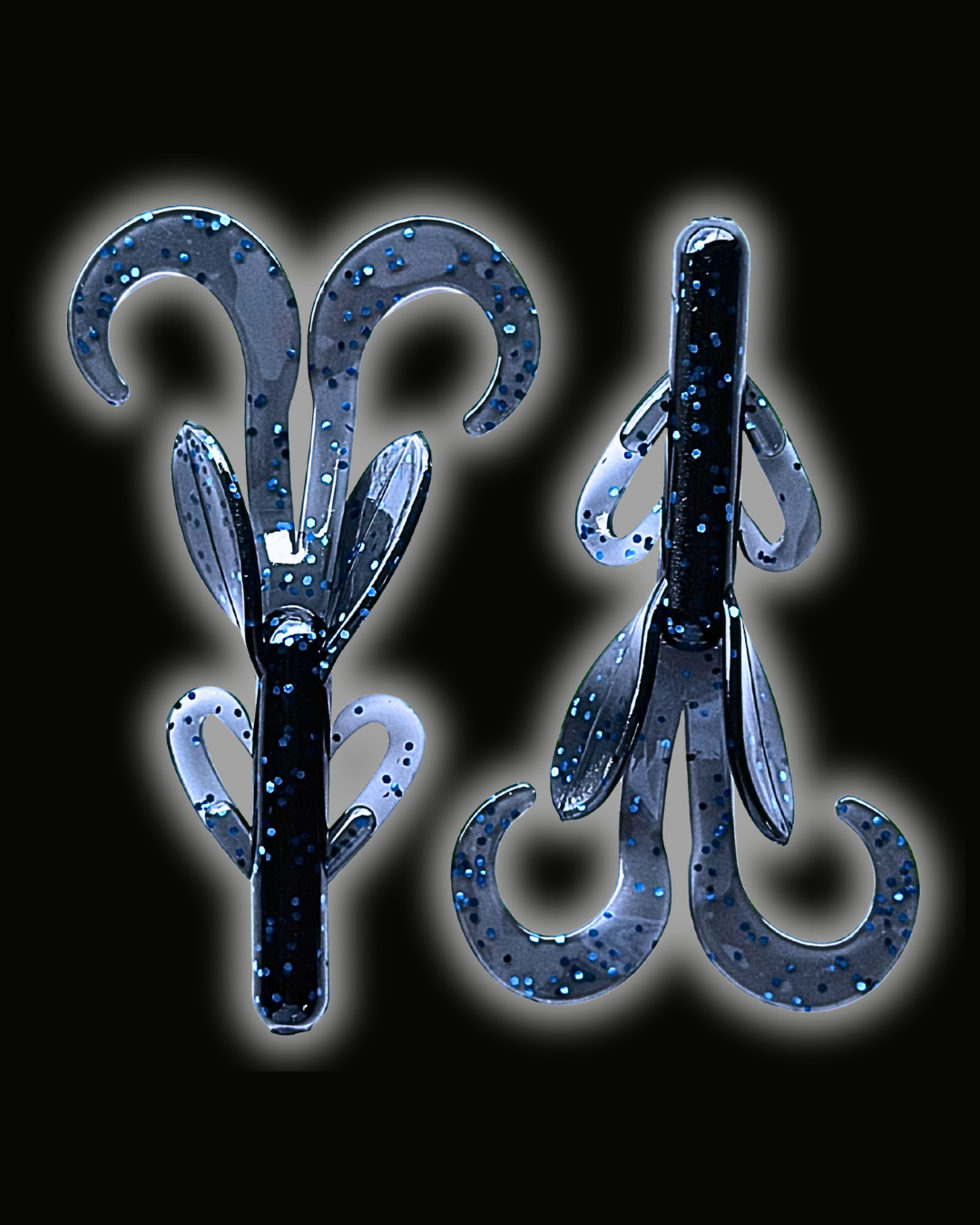 Two Okie Angler Co 3.8" Okie Midnight Salted Mud Hogs - brush-hog style baits for bass fishing on a black background.