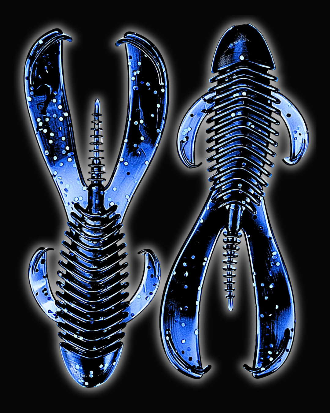 Okie Angler Co 4.25" Okie Midnight Okie Bandit beaver-style creature baits for bass fishing on a black background.