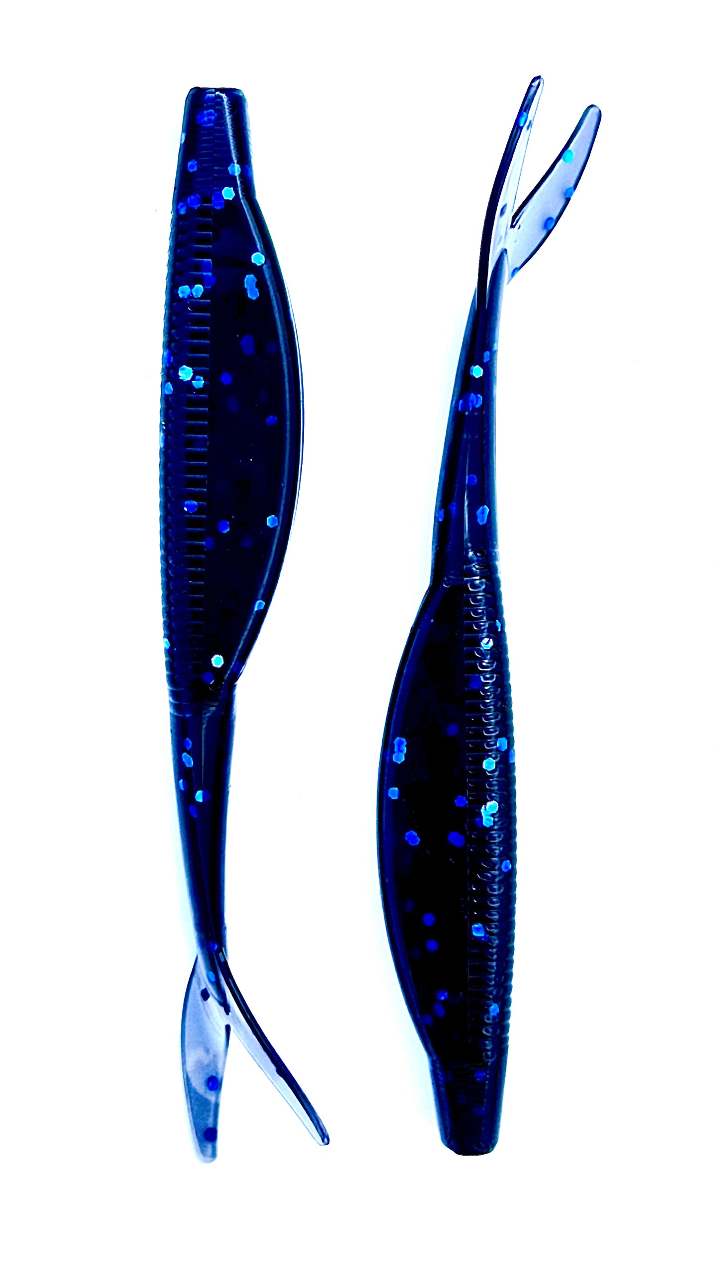 Two blue fishing lures with a glittery finish on a white background