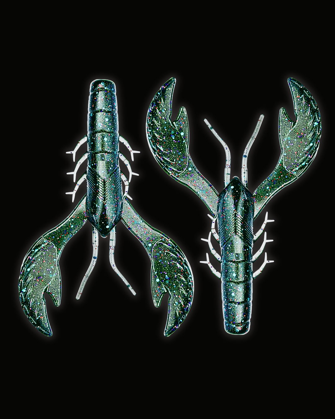 Two Okie Angler Co 4" Okie Craws in the color Space Candy (black with multi-colored sparkles) - crawfish-style bass fishing lures on a black background.