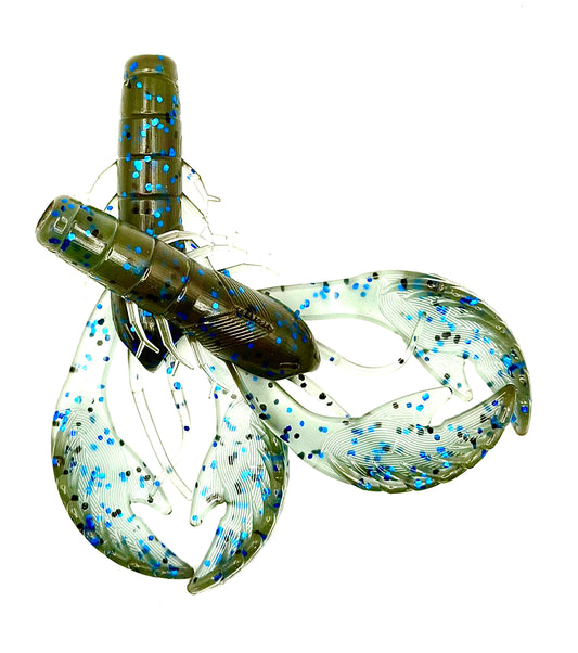 Two Okie Angler Co 4" Okie Craws in the color Storm Gill - crawfish-style bass fishing lures on a black background.
