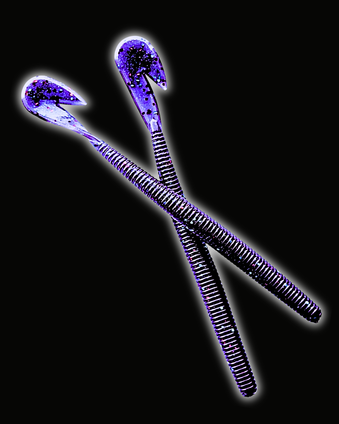 Two Okie Angler Co Okie Red 5.75" Tornado Tail bass fishing speed worm baits with a hook tail on a black background.