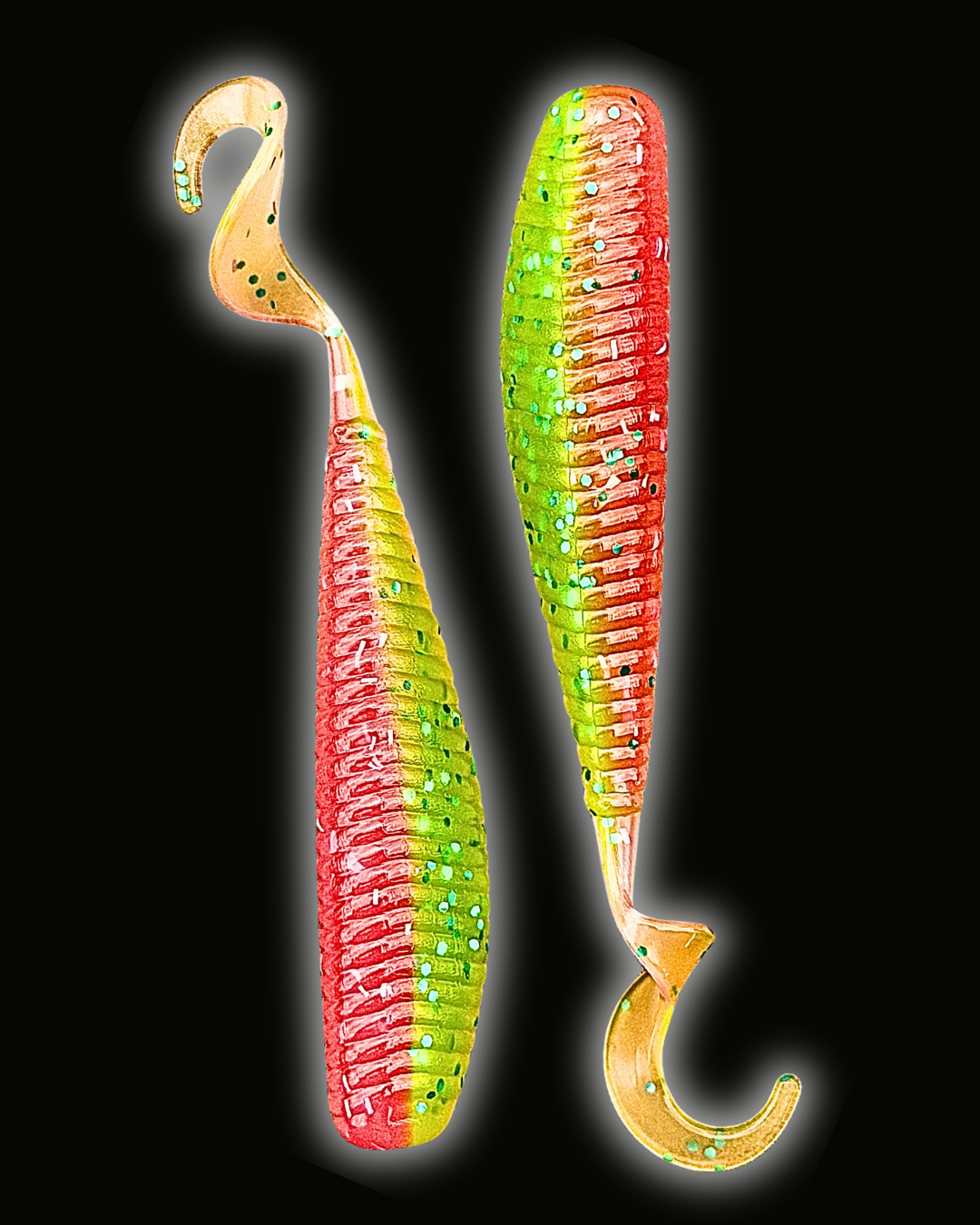 Okie Angler Co Livewire 5" Okie Stud ribbed curl-tail soft plastic fishing lures on a black background.