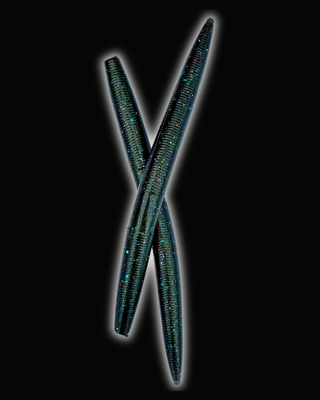 Okie Angler Co 5" Space Candy Twister Stick Senko-style stick bait for bass fishing on a black background.