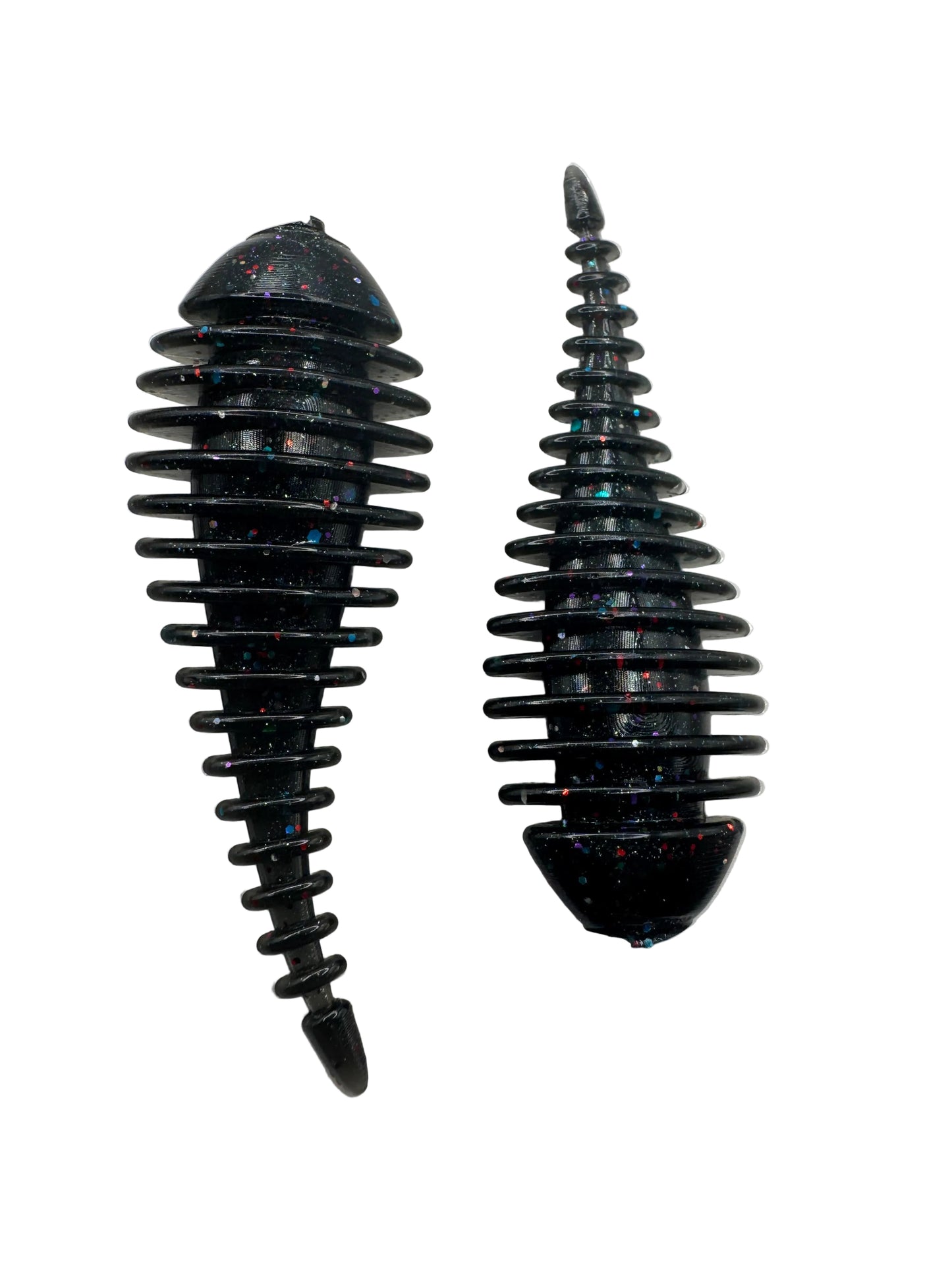 Two black fossilized trilobites on a white background