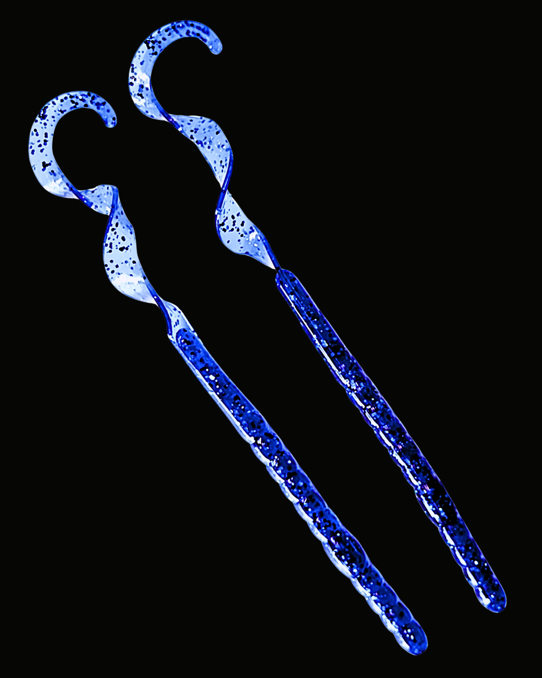 Okie Angler Co 10" Nightfall Blue Curl Tail Worms for bass fishing on a black background. 