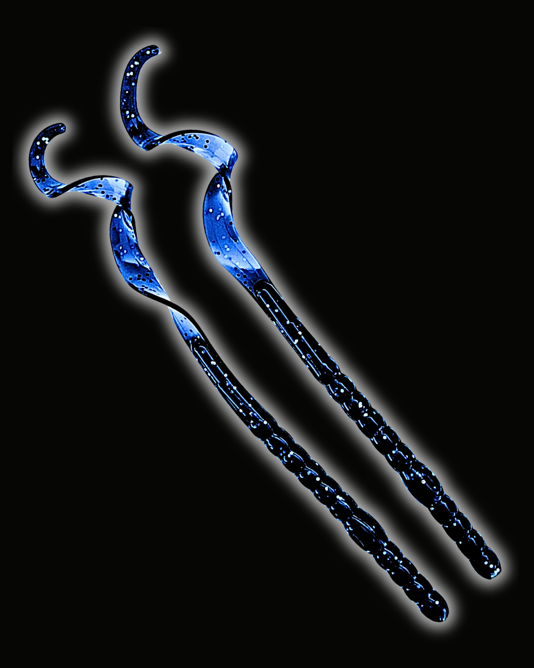 Okie Angler Co 10" Okie Midnight Curl Tail Worms for bass fishing on a black background. 