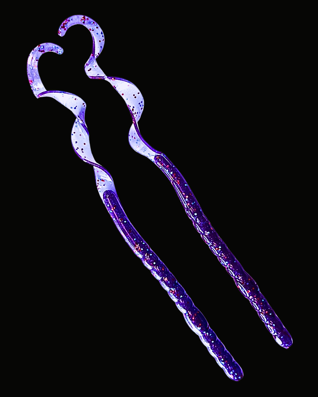 Okie Angler Co 10" Okie Red Curl Tail Worms for bass fishing on a black background. 
