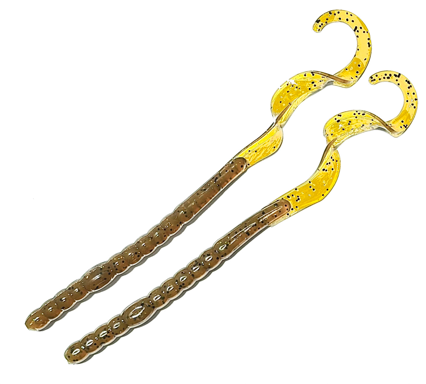 Two green pumpkin curl tail fishing worms on a white background.