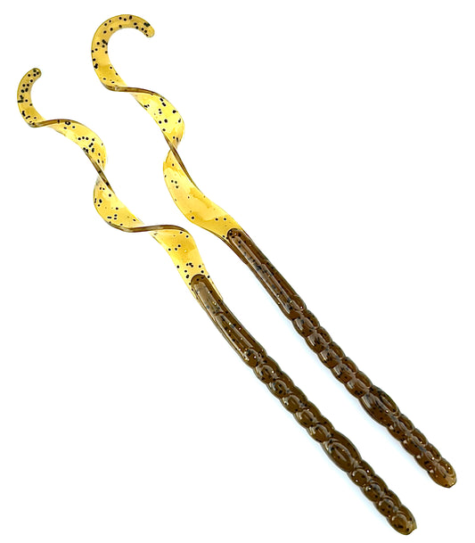 Two Okie Angler Co green pumpkin 10" Curl Tail Worms on a white background.