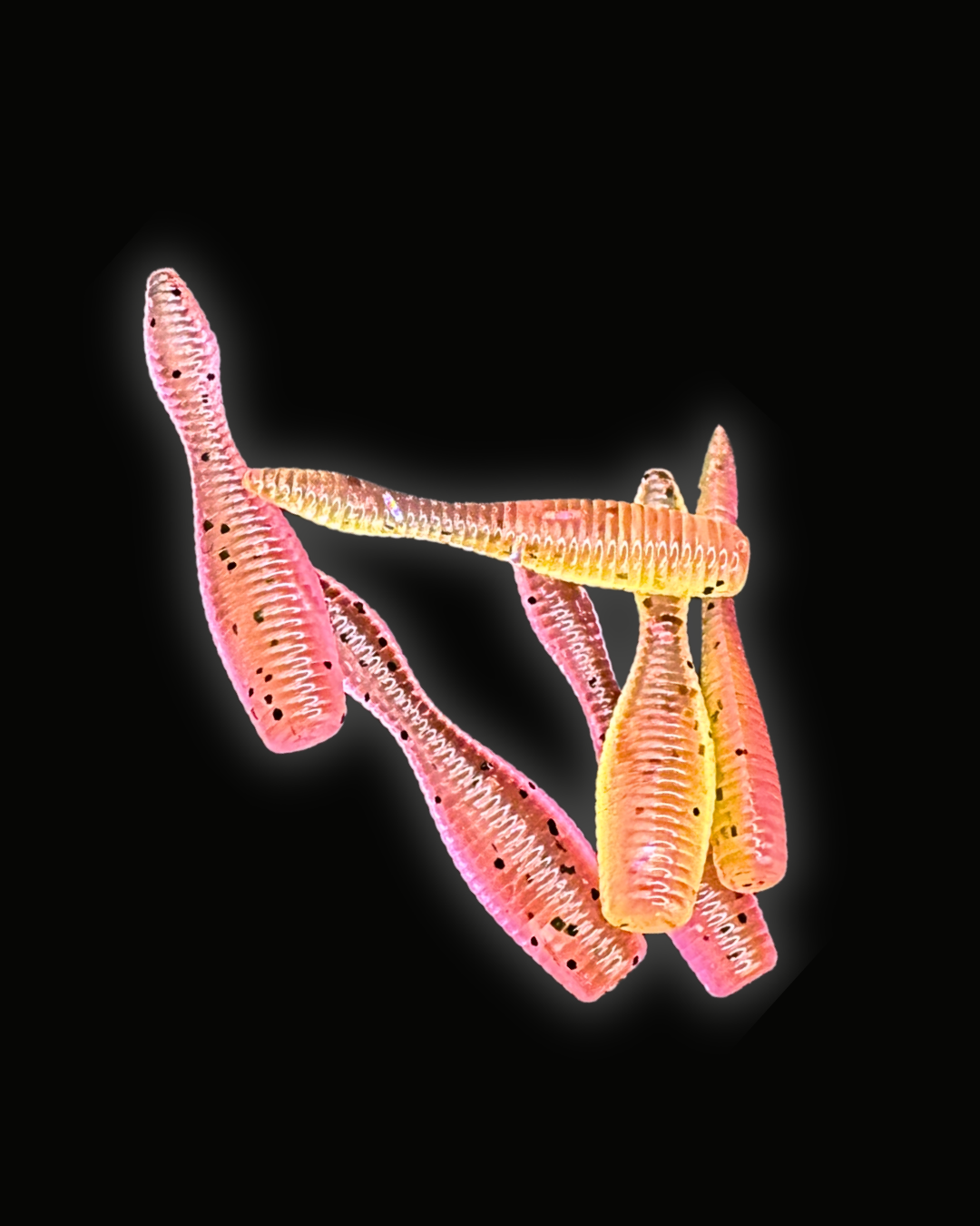 Okie Angler Co Pink Lemonade 1" Crappie Leech soft plastic lure for pan fishing.