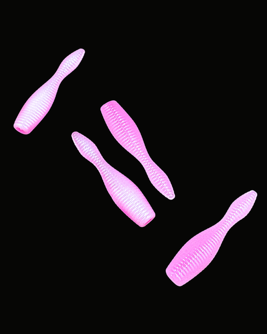 Okie Angler Co Pink Valentine 1" Crappie Leech soft plastic lure for pan fishing.
