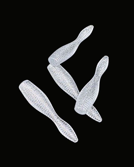 Okie Angler Co Silver Shiner 1" Crappie Leech soft plastic lure for pan fishing.