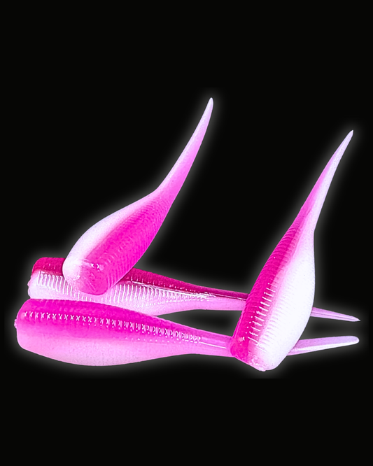 Okie Angler Co Pink Valentine 2-inch Crappie Slayer soft plastic bait for crappie fishing.