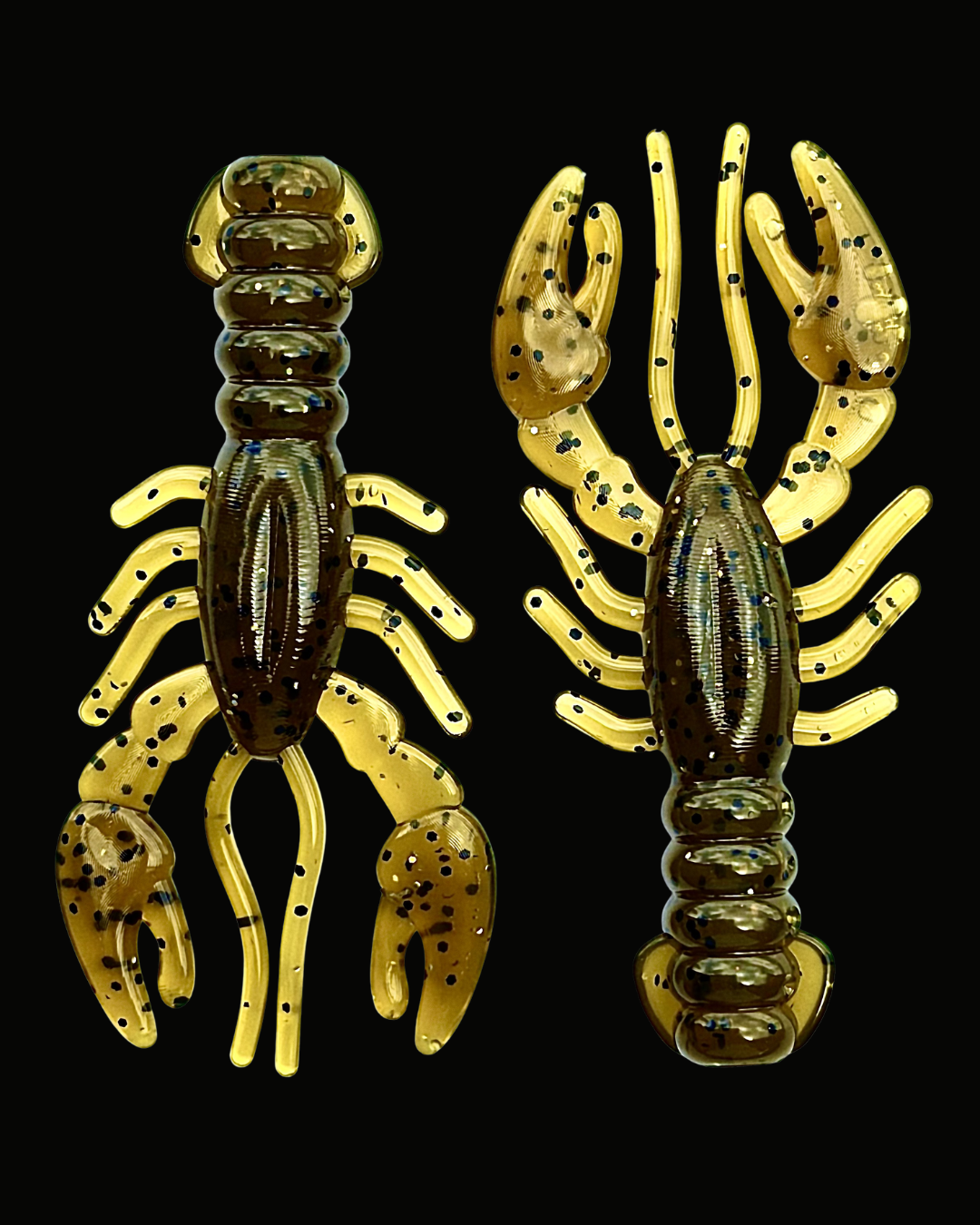 Two Okie Angler Co 3.4" Glory Craws in the color Green Pumpkin - crawfish-style fishing lures on a black background.