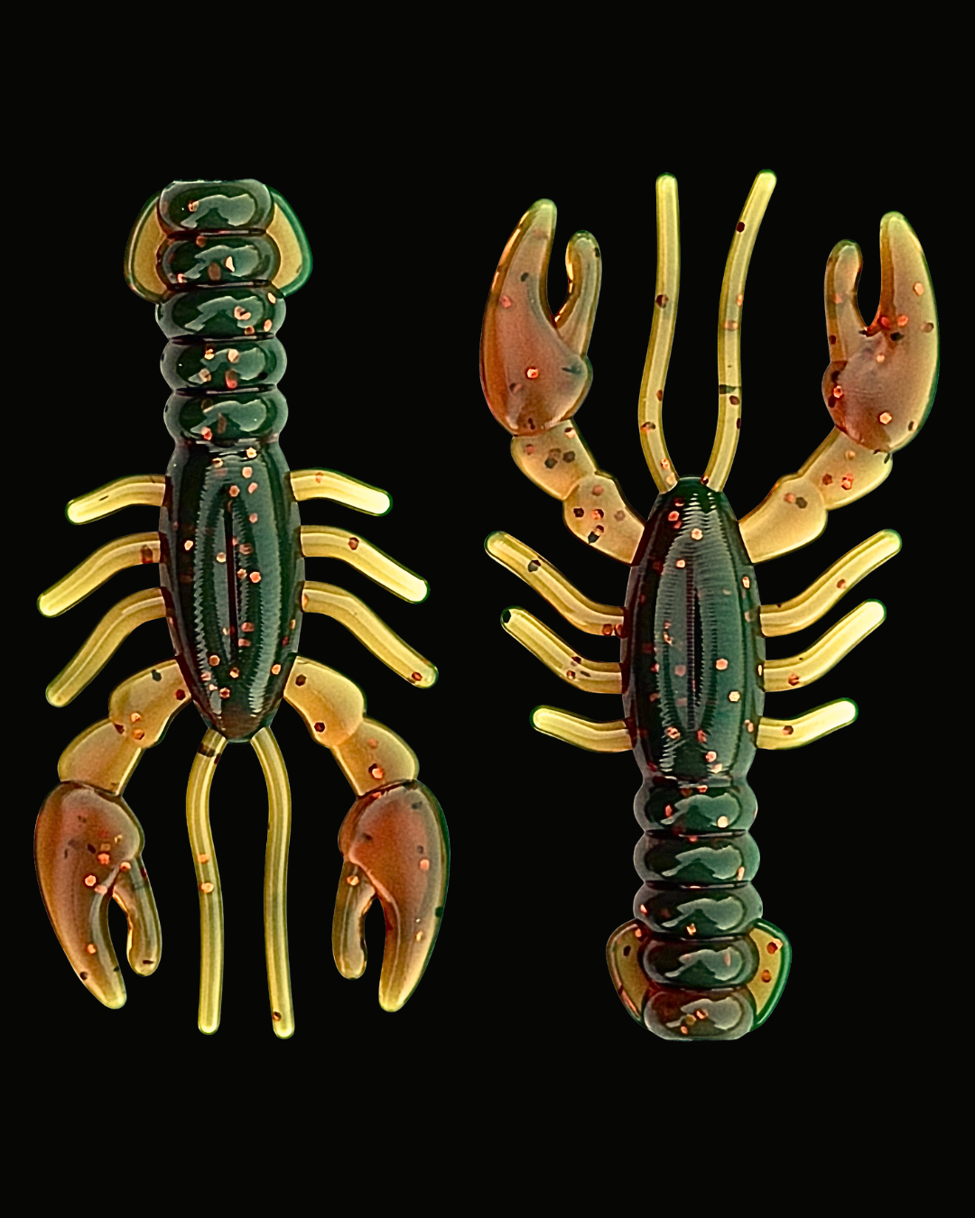 Two Okie Angler Co 3.4" Glory Craws in the color Motor Oil - crawfish-style fishing lures on a black background.