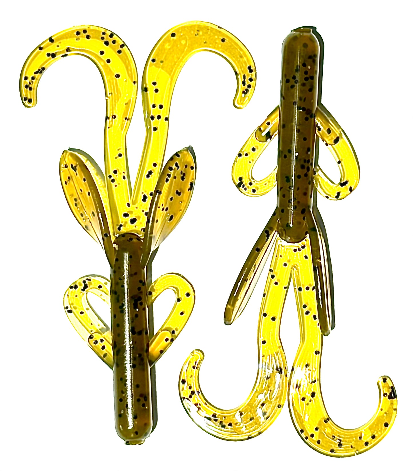 Two green pumpkin brush hog-style fishing lures on a white background.