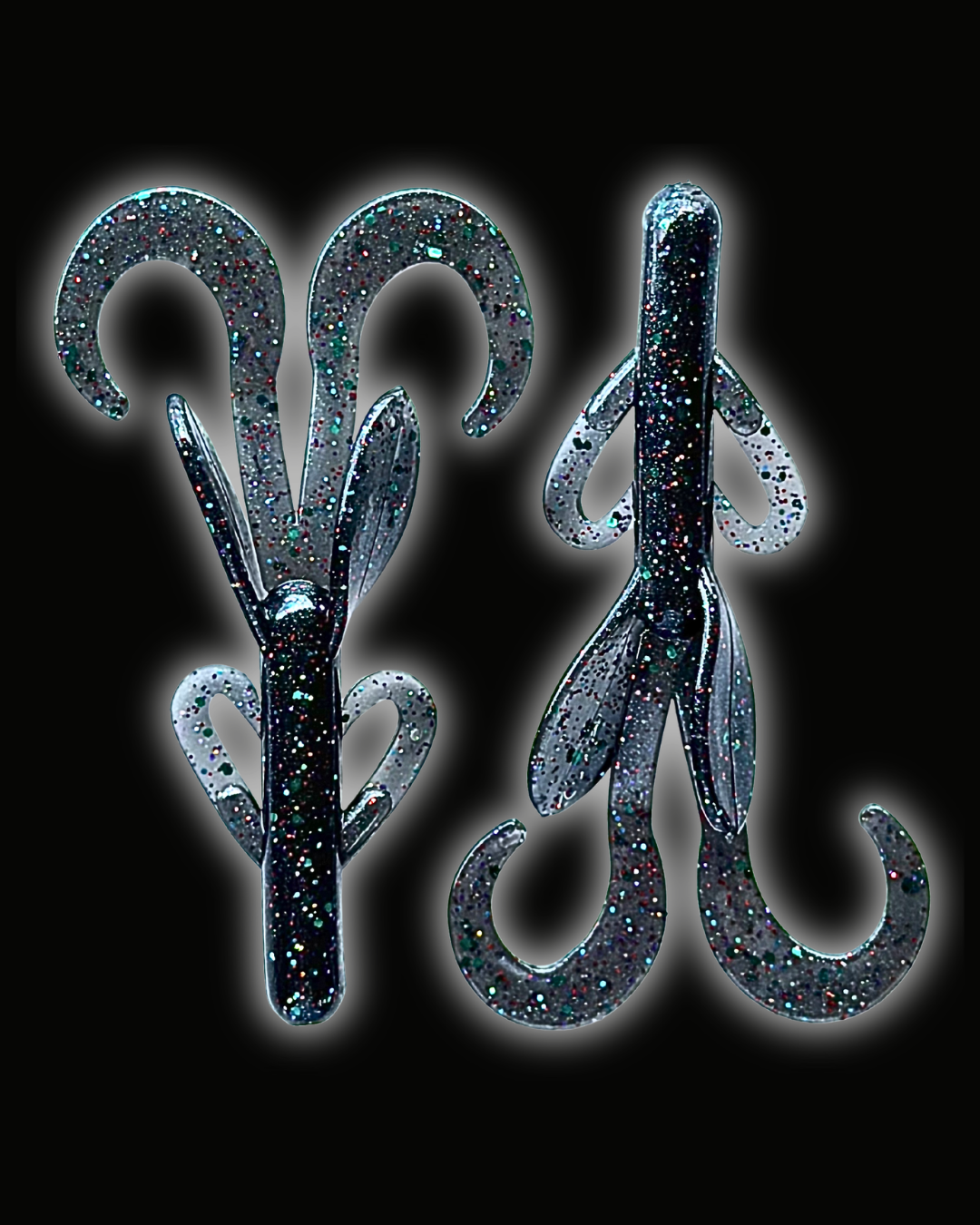 Two Okie Angler Co 3.8" Space Candy Mud Hogs - brush-hog style baits for bass fishing on a black background.
