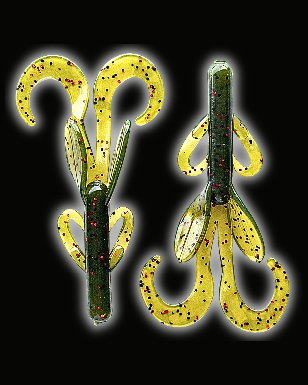 Two, Okie Angler Co 3.8"  Watermelon Red Mud Hog brush-hog style baits for bass fishing on a black background.