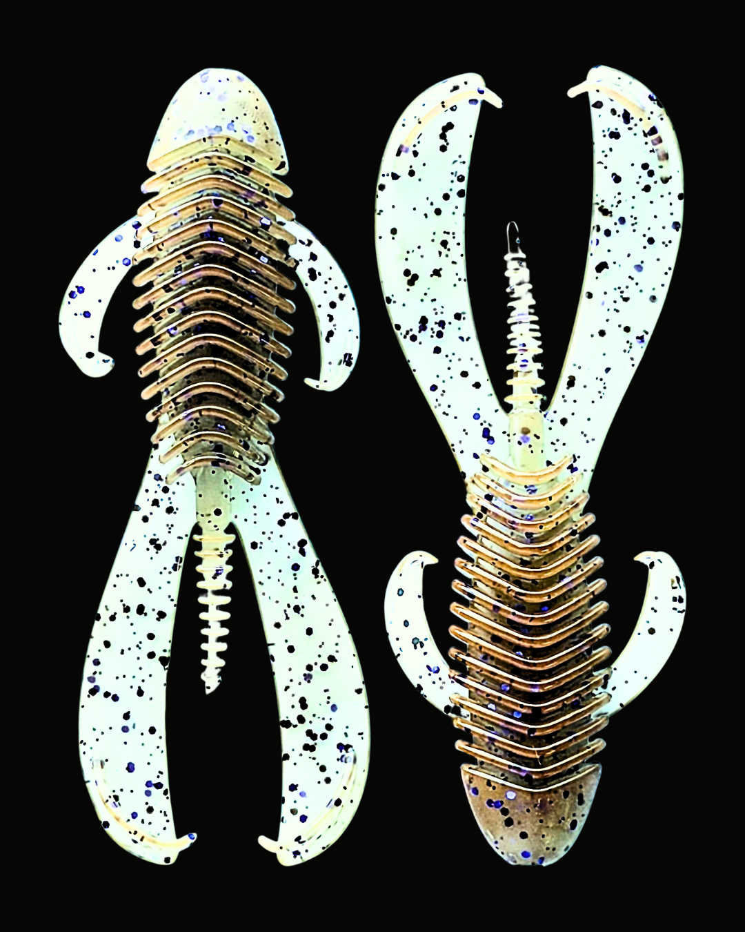 Okie Angler Co 4.25" Blue Craw Okie Bandit beaver-style creature baits for bass fishing on a black background.
