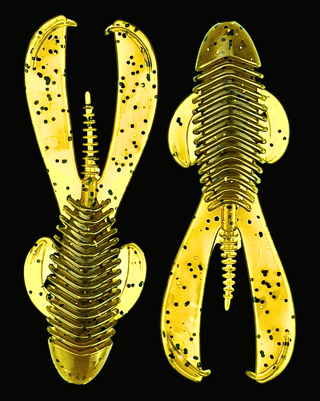 Okie Angler Co 4.25" Green Pumpkin Okie Bandit beaver-style creature baits for bass fishing on a black background.