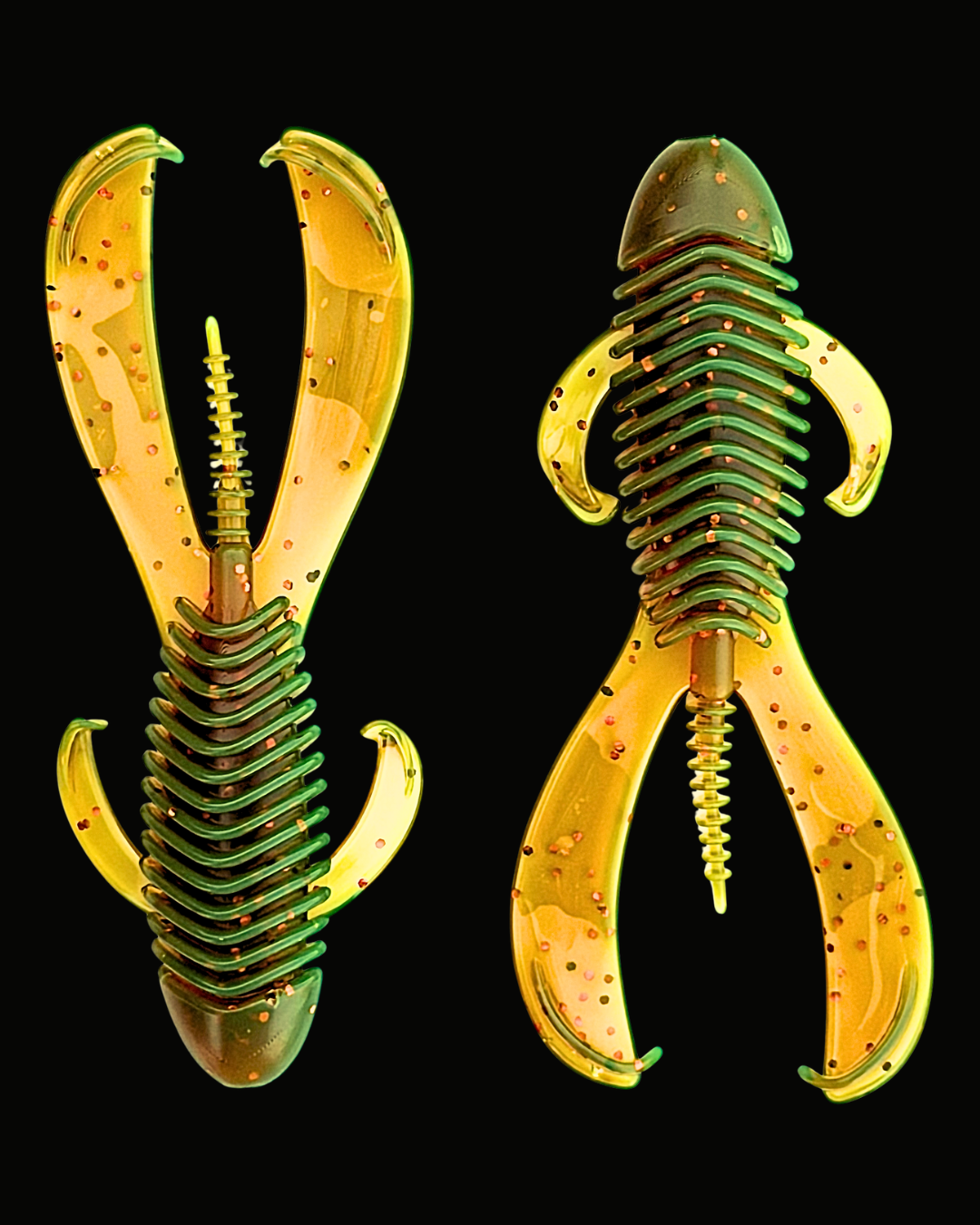 Okie Angler Co 4.25" Motor Oil Okie Bandit beaver-style creature baits for bass fishing on a black background.