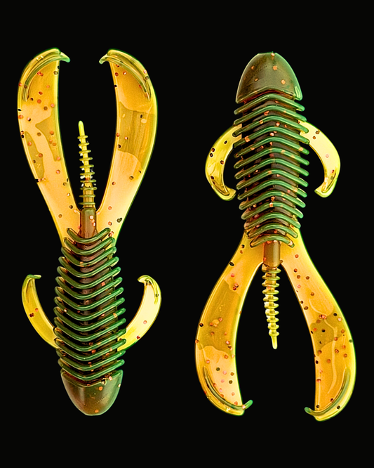 Okie Angler Co 4.25" Motor Oil Okie Bandit beaver-style creature baits for bass fishing on a black background.