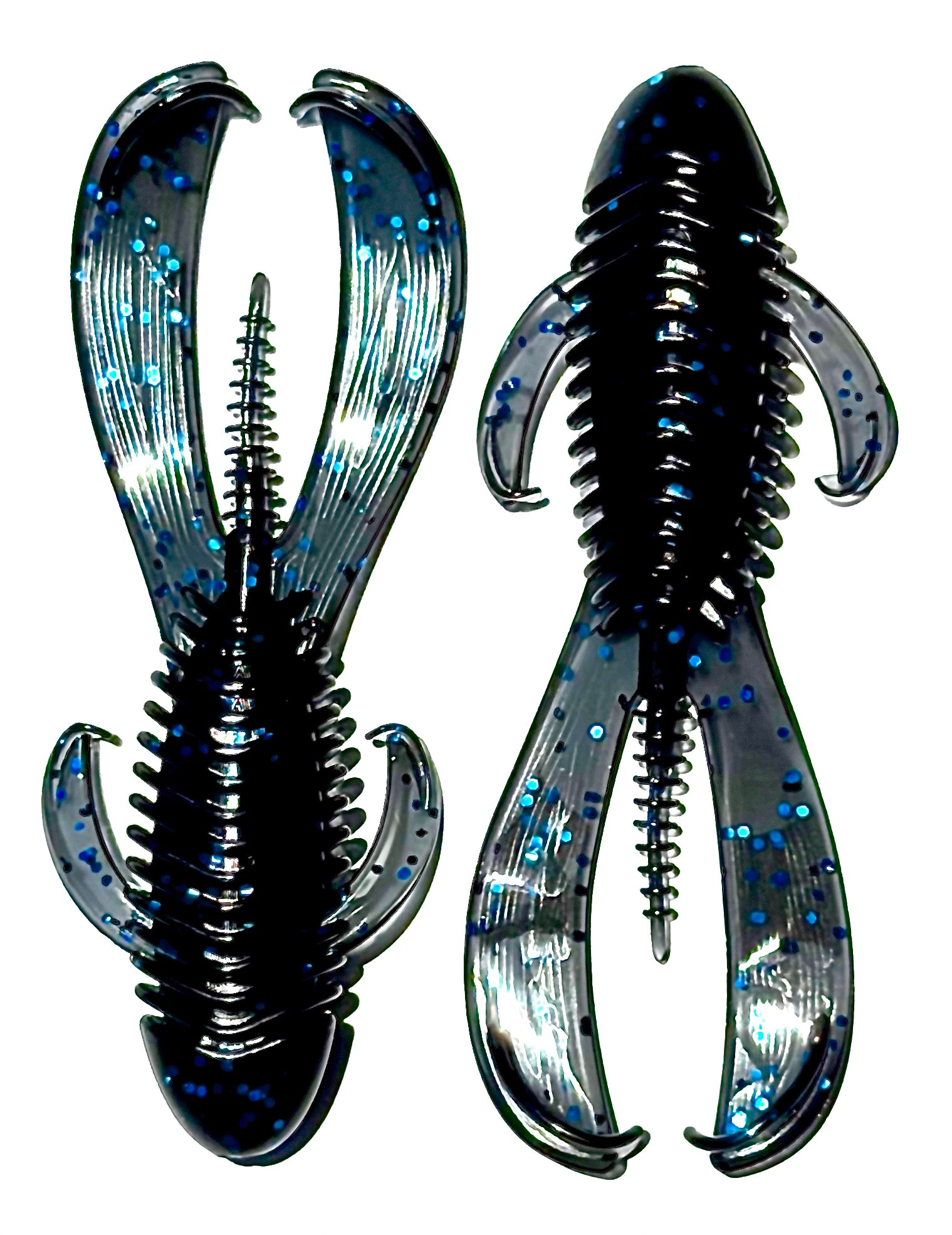 Two black and blue fishing lures on a white background