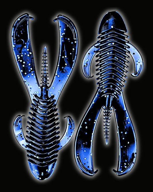 Okie Angler Co 4.25" Okie Midnight Okie Bandit beaver-style creature baits for bass fishing on a black background.