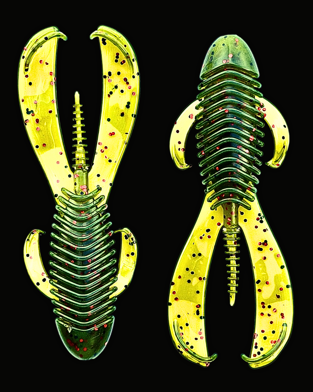 Okie Angler Co 4.25" Watermelon Red Okie Bandit beaver-style creature baits for bass fishing on a black background.
