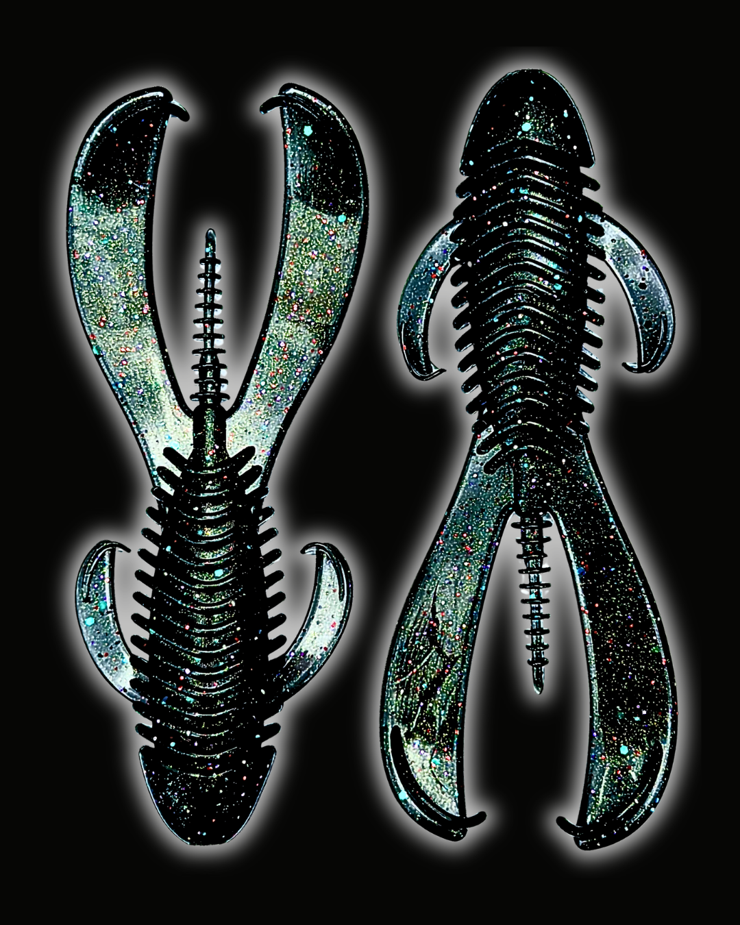 Okie Angler Co 4.25" Space Candy Okie Bandit beaver-style creature baits for bass fishing on a black background.