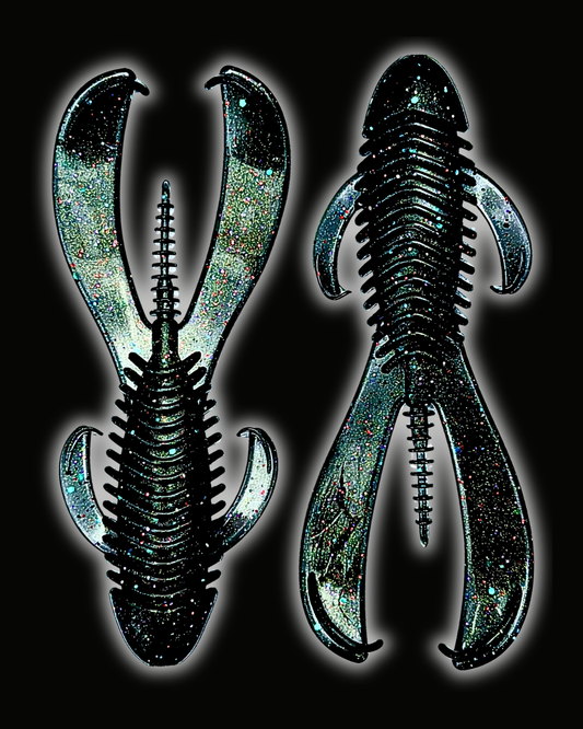 Okie Angler Co 4.25" Space Candy Okie Bandit beaver-style creature baits for bass fishing on a black background.