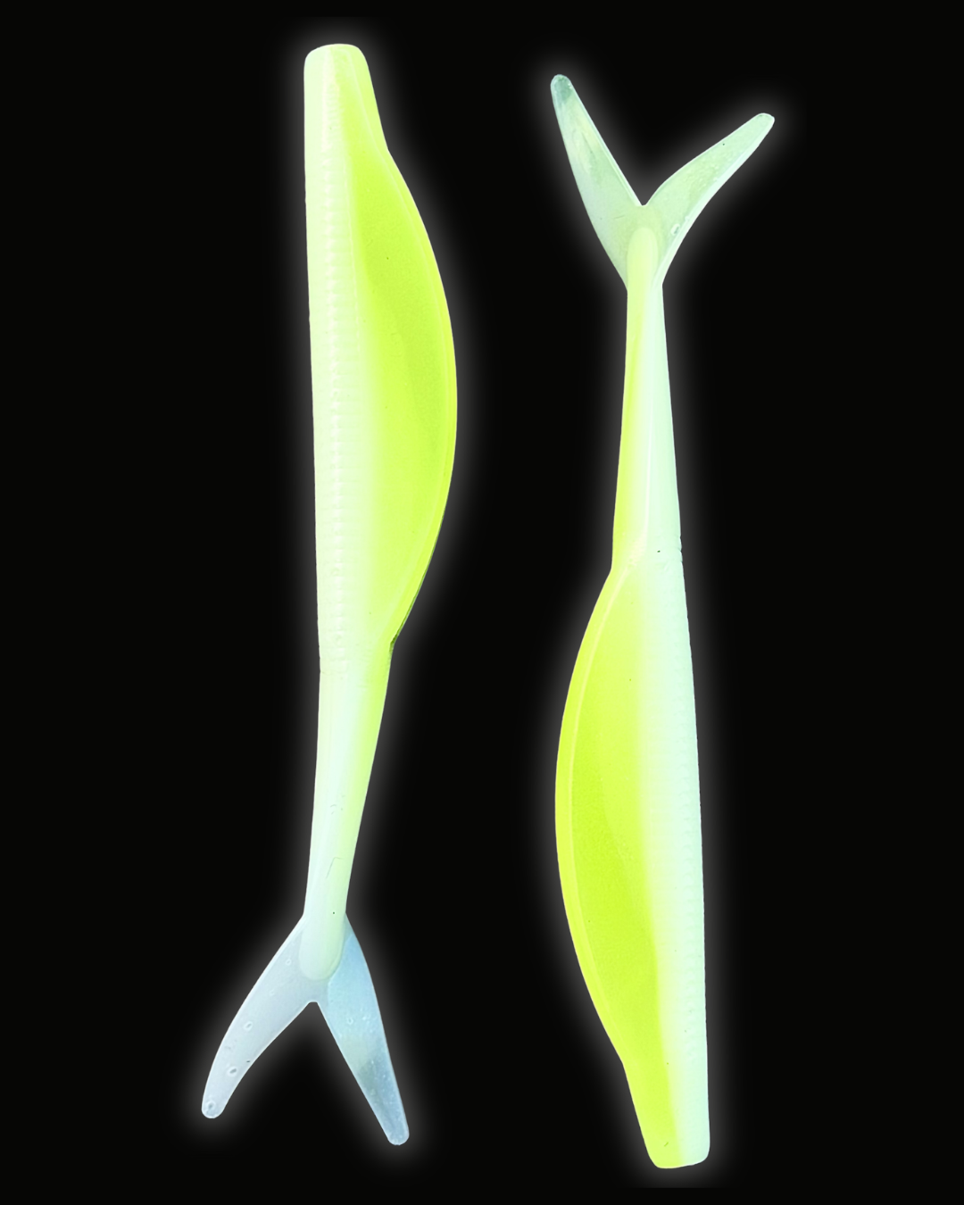 Okie Angler Co Lime Ghost 4" jerk bait soft plastic fishing lures on a black background.