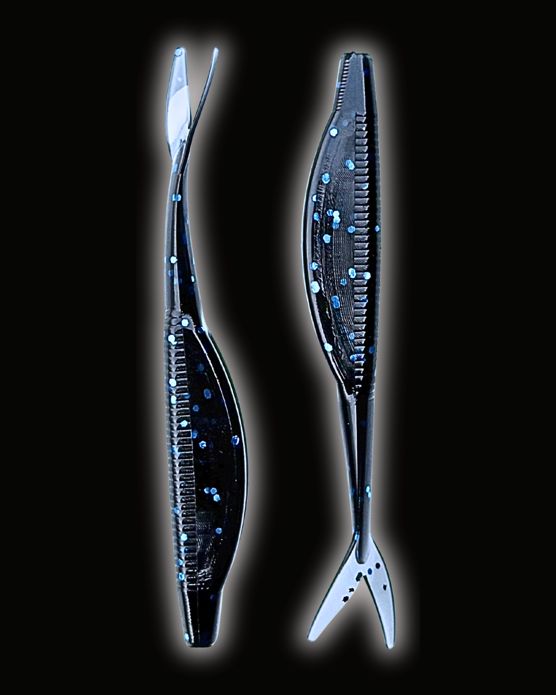 Okie Angler Co Okie Midnight 4" jerk bait soft plastic fishing lures on a black background.
