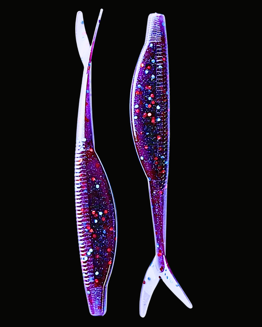 Okie Angler Co Okie Red 4" jerk bait soft plastic fishing lures on a black background.