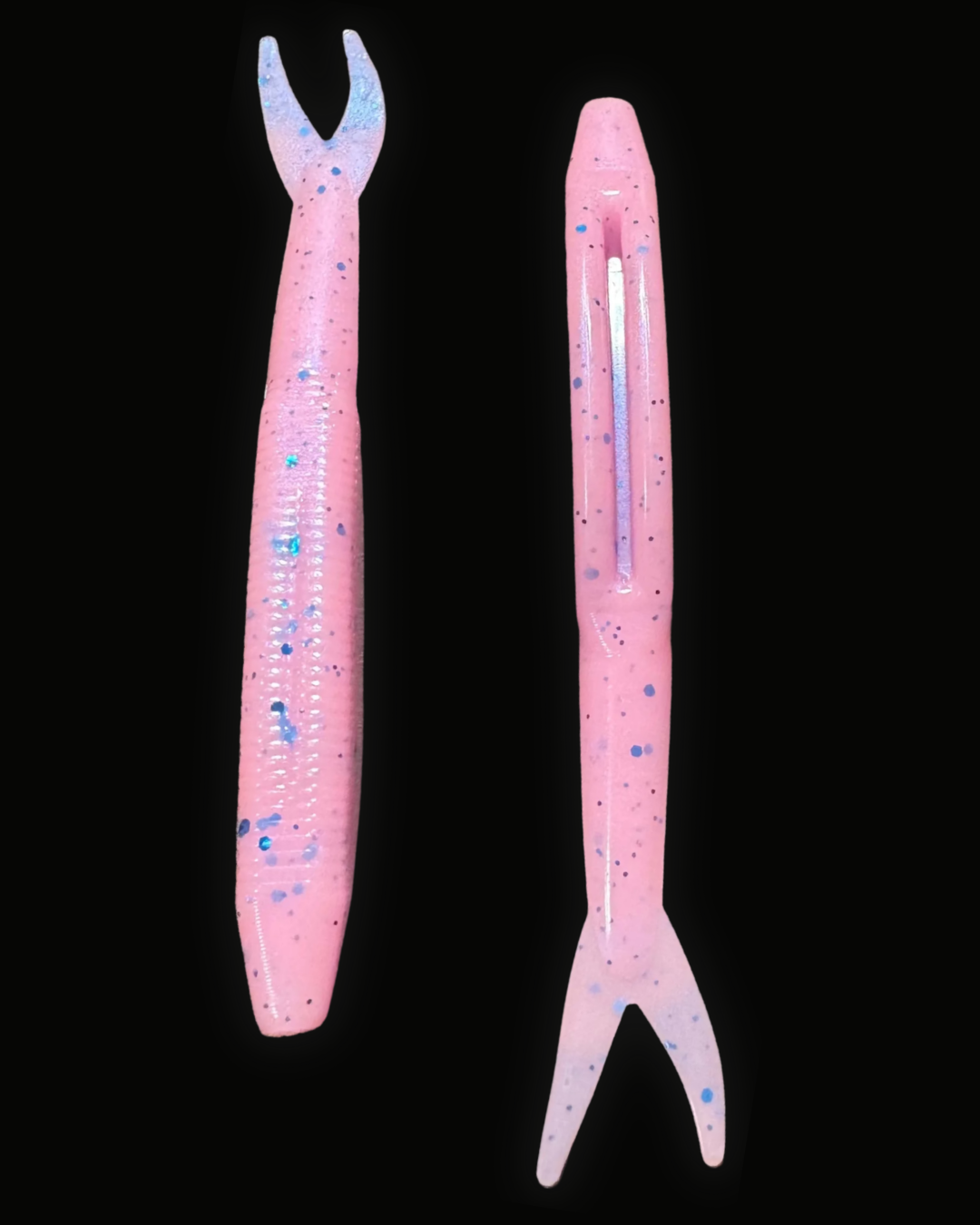 Okie Angler Co Pink Berry 4" jerk bait soft plastic fishing lures on a black background.