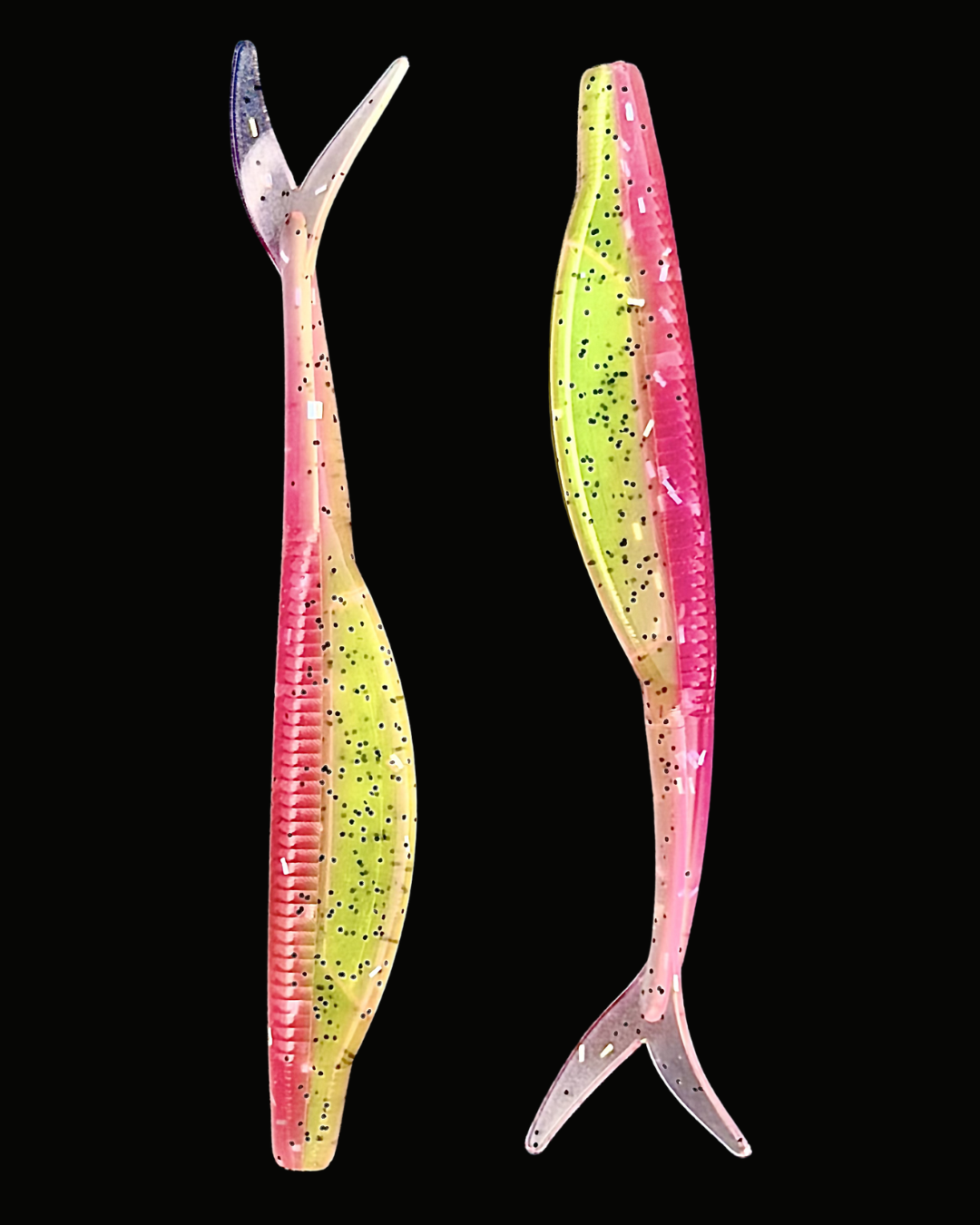 Okie Angler Co Pink Lemonade 4" jerk bait soft plastic fishing lures on a black background.