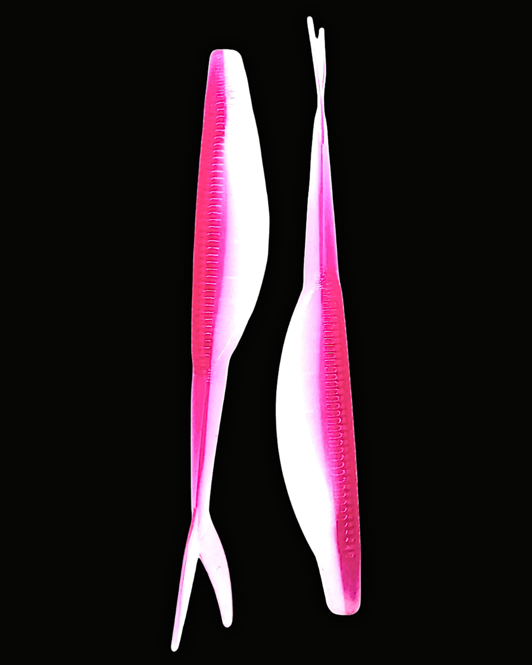 Okie Angler Co Pink Valentine 4" jerk bait soft plastic fishing lures on a black background.