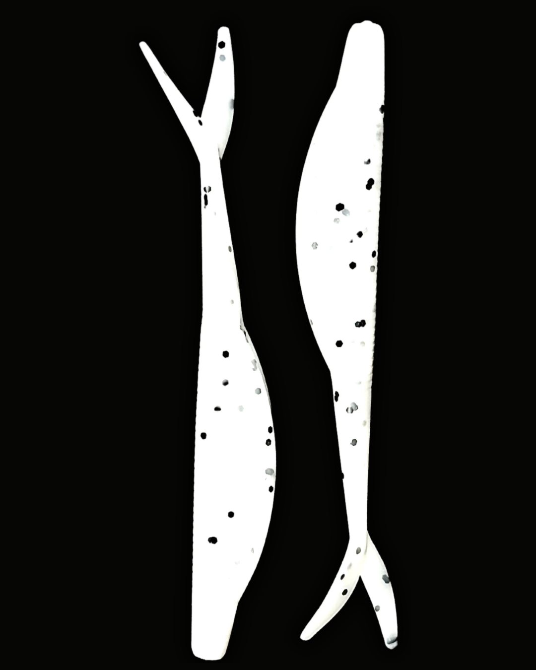 Okie Angler Co Salt and Pepper 4" jerk bait soft plastic fishing lures on a black background.