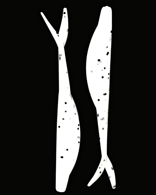 Okie Angler Co Salt and Pepper 4" jerk bait soft plastic fishing lures on a black background.