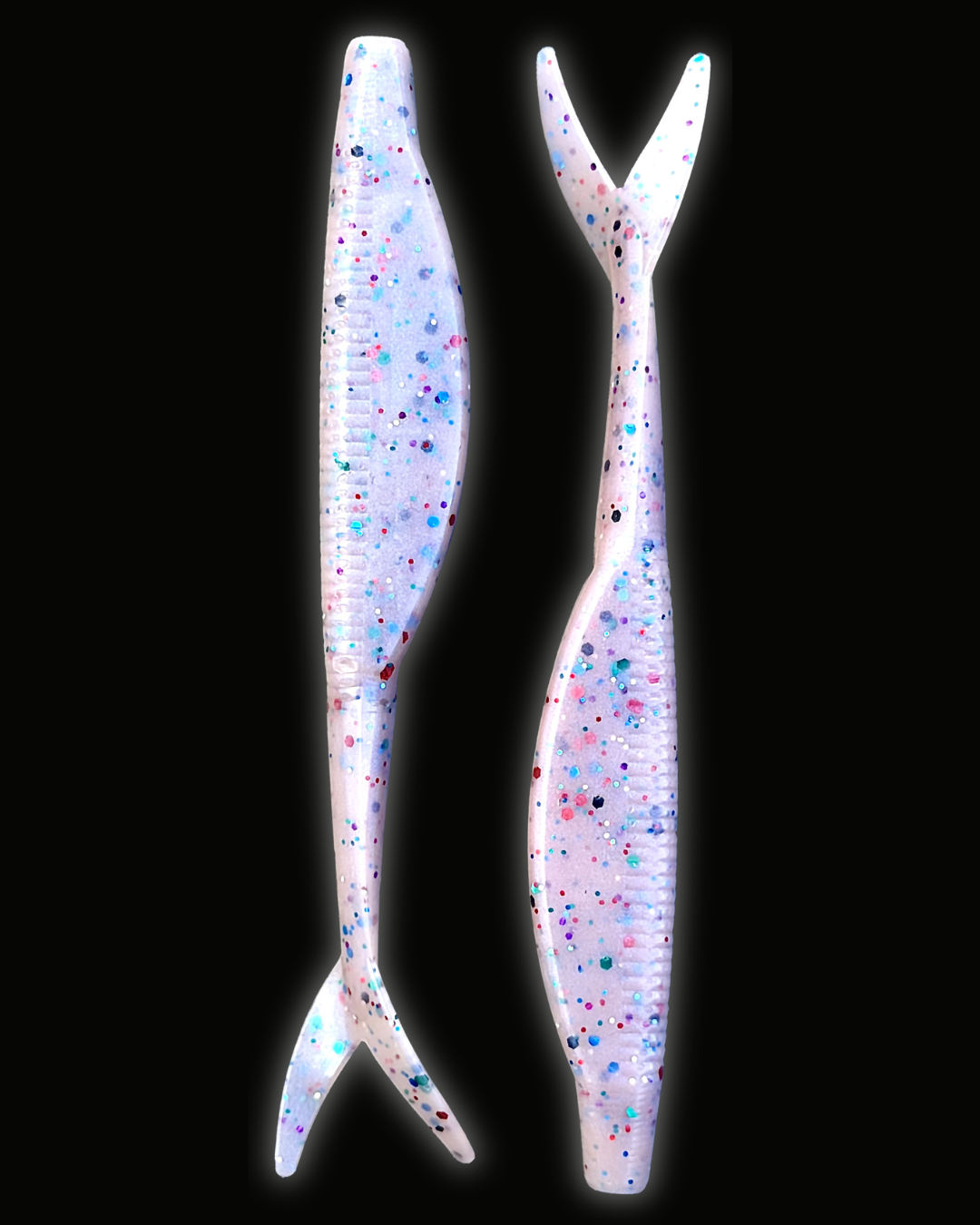 Okie Angler Co Smokey Rose 4" jerk bait soft plastic fishing lures on a black background.