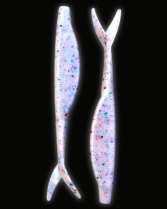Okie Angler Co Smokey Rose 4" jerk bait soft plastic fishing lures on a black background.
