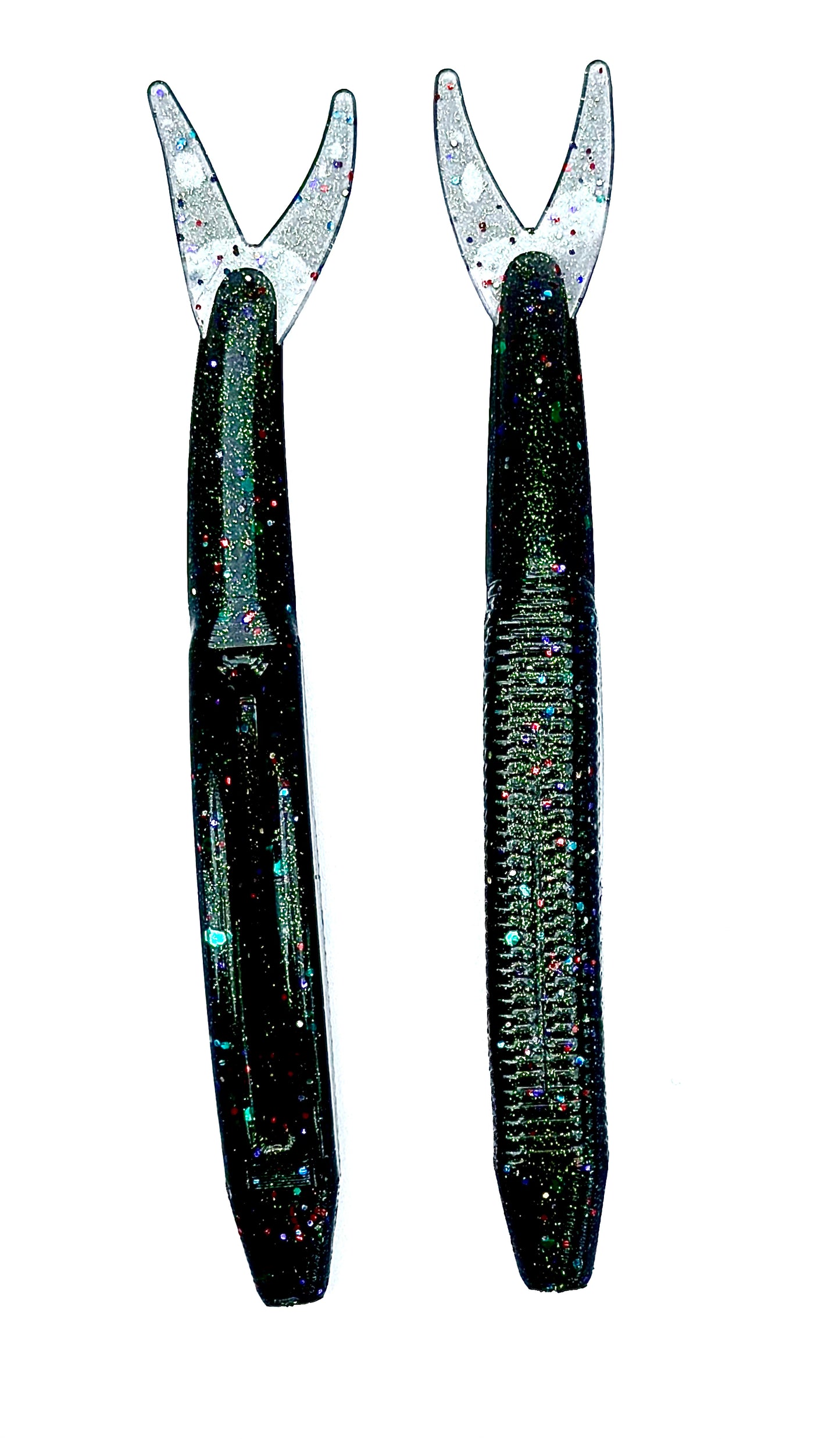 Two black fishing lures with colorful patterns on a white background