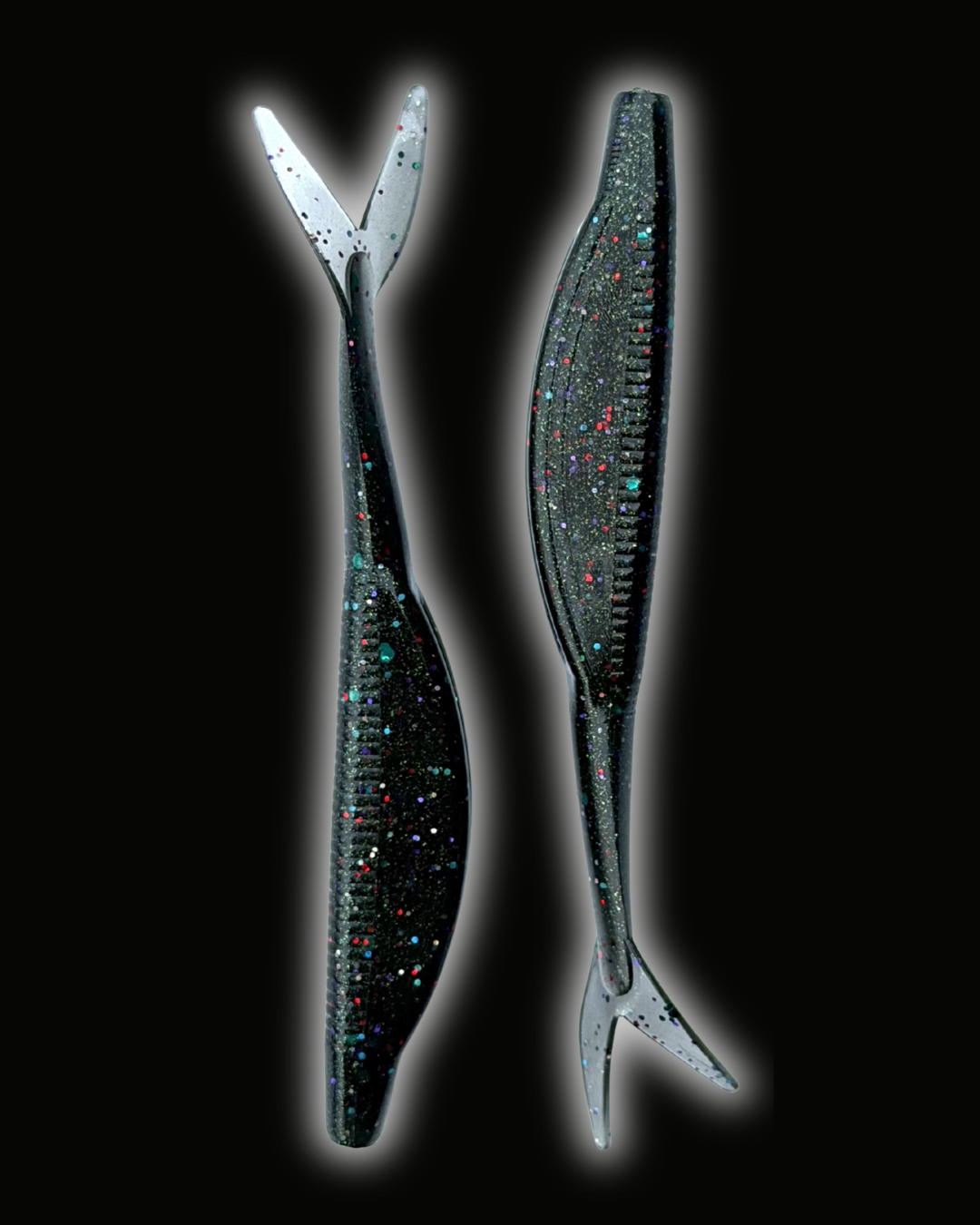 Okie Angler Co Space Candy 4" jerk bait soft plastic fishing lures on a black background.