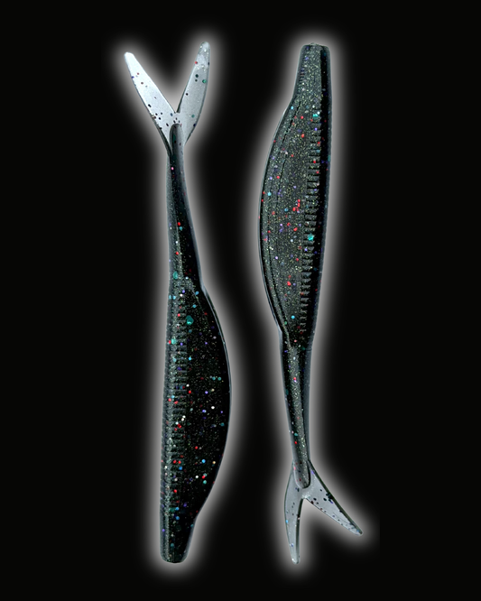 Okie Angler Co Space Candy 4" jerk bait soft plastic fishing lures on a black background.