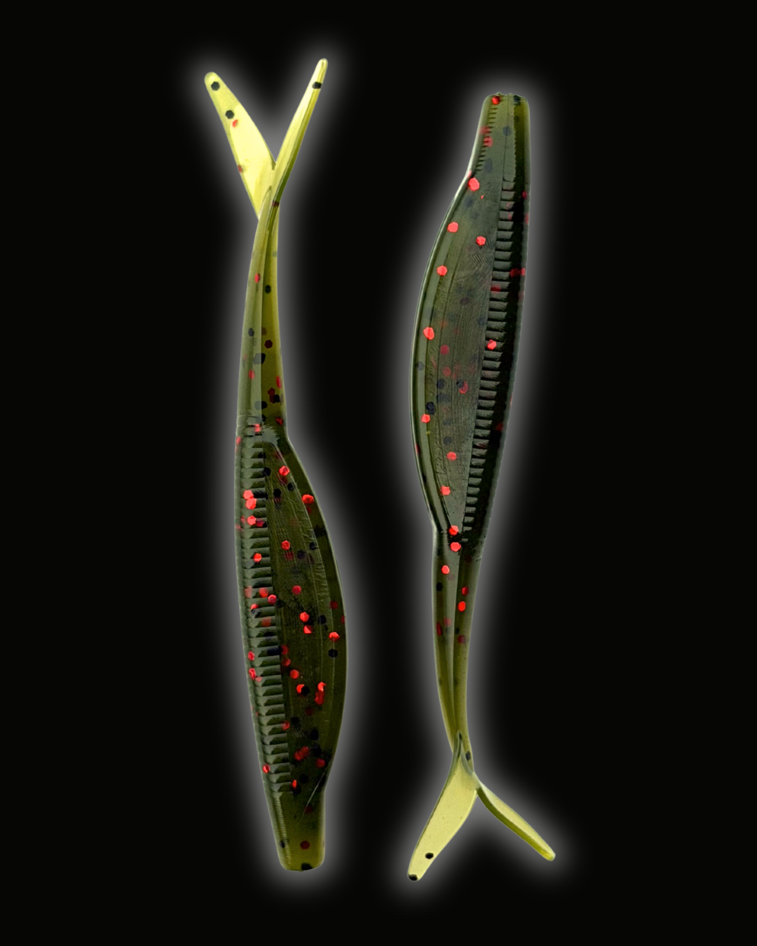 Okie Angler Co Watermelon Red 4" jerk bait soft plastic fishing lures on a black background.