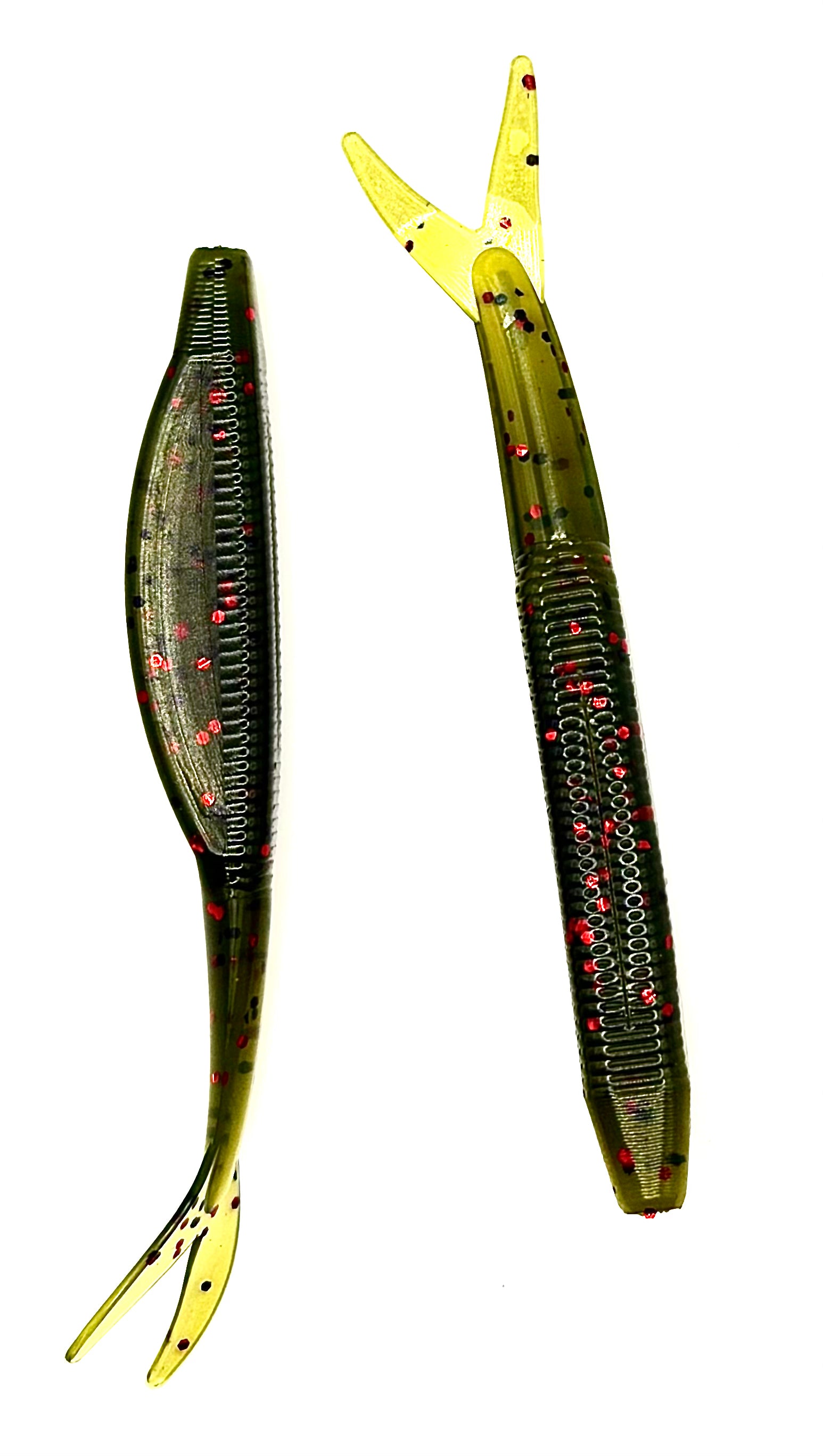 Two fishing lures with a detailed pattern on a white background