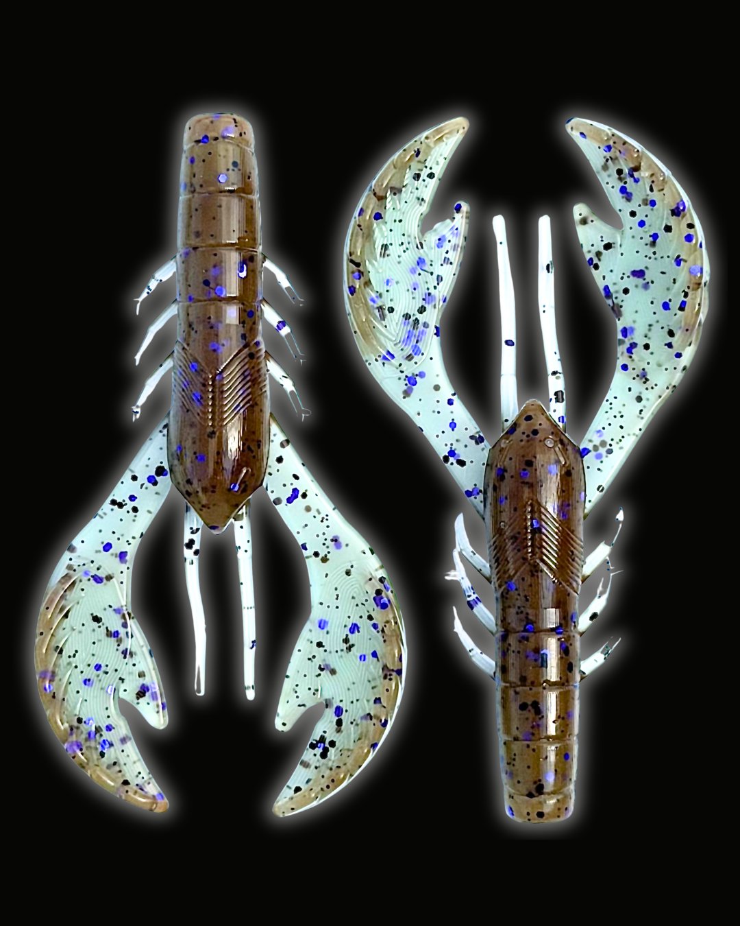 Two Okie Angler Co 4" Okie Craws in the color Blue Craw - crawfish-style bass fishing lures on a black background.