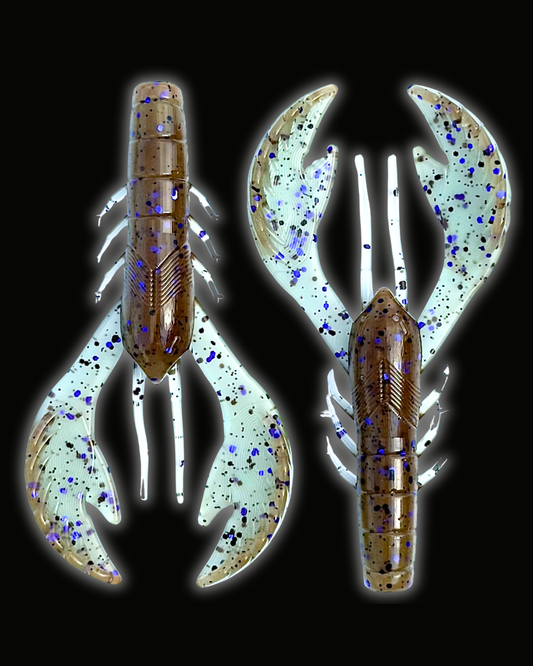 Two Okie Angler Co 4" Okie Craws in the color Blue Craw - crawfish-style bass fishing lures on a black background.
